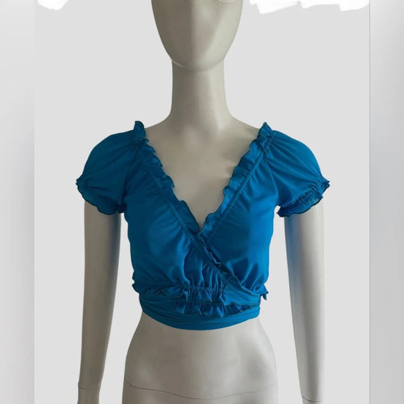 I.AM.GIA. Bindi Cropped Wrap Top Electric Blue Mesh Size M Short Sleeve - Picture 2 of 8